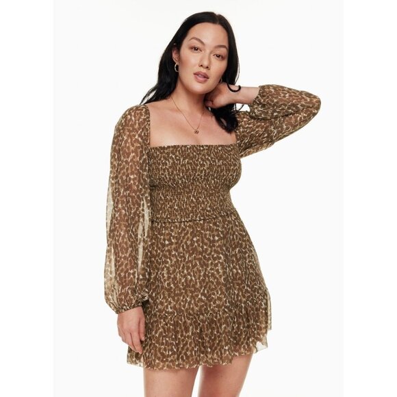Wilfred Aritzia Tempest Smocked Mini Dress Saville/ Cognac Leopard Print XXS - Picture 1 of 4